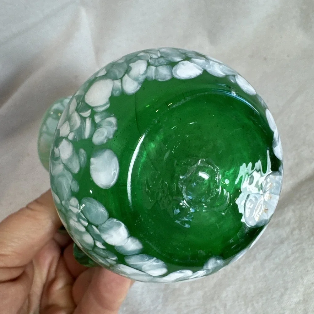 Hand Blown Green Glass White Stretched Splatter 4.5